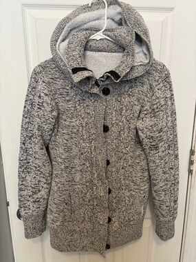 Women's Hooded Cable-Knit Button Zip Sherpa Fleece Jacket Size L